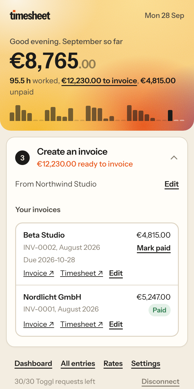List of saved invoices with paid and unpaid status